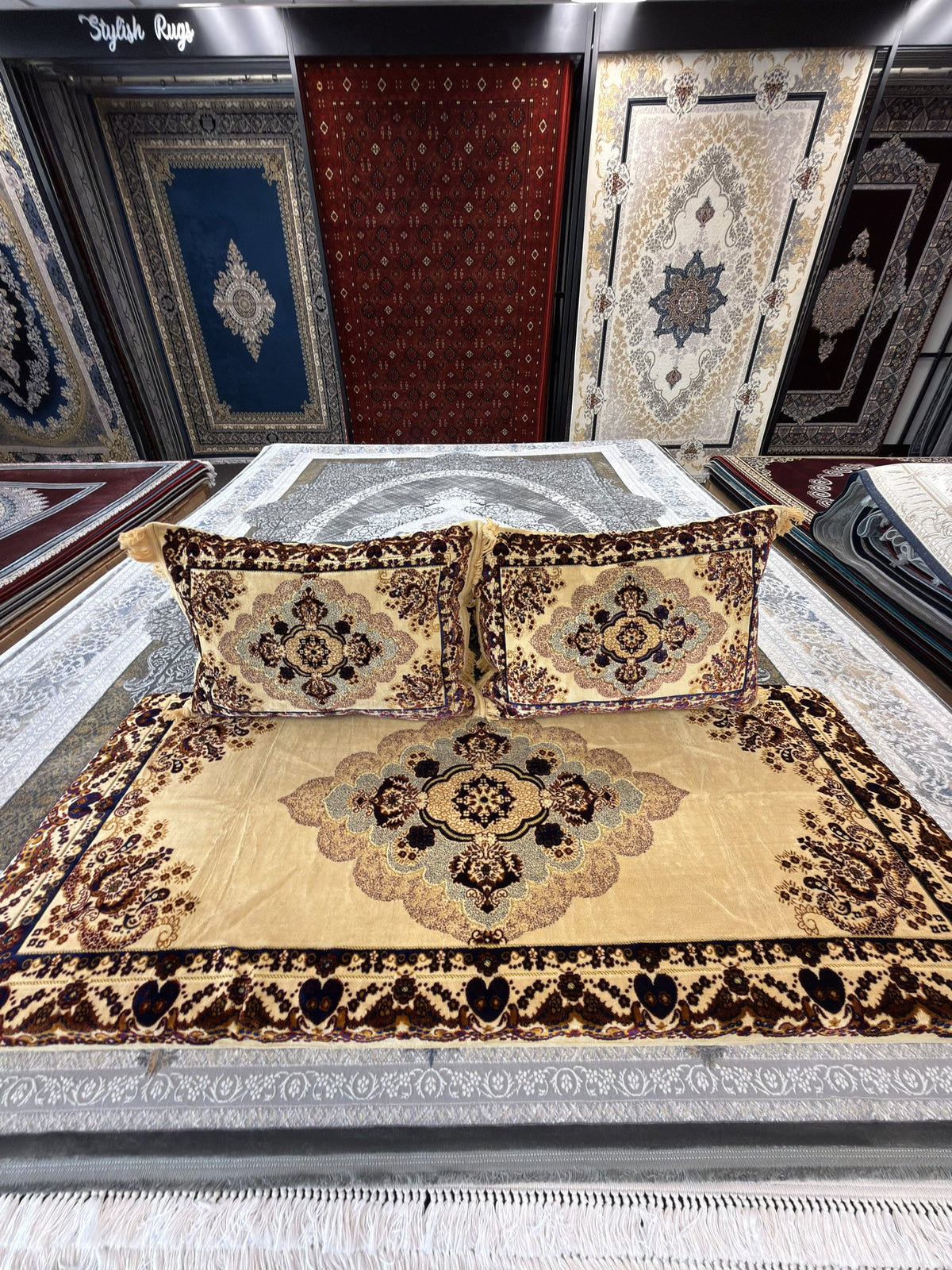 Cream and chocolate brown medallion Afghan toshak cover set — Stylish Rugs & Carpets, Sacramento