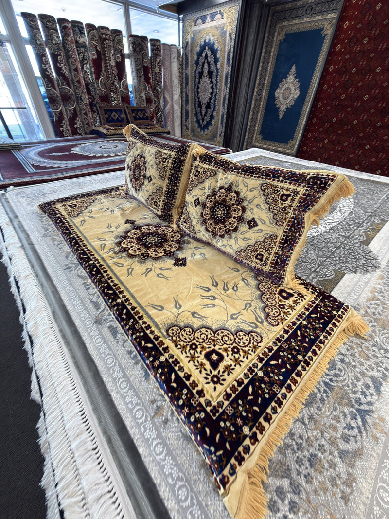 Cream and navy medallion Afghan toshak cover set — Stylish Rugs & Carpets, Sacramento