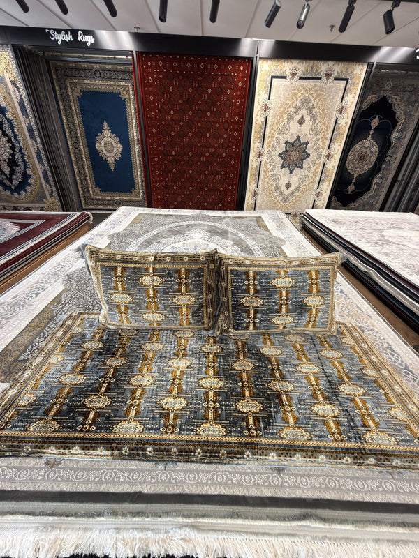 Grey & Gold Panel Afghan Toshak Cover Set