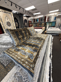 Grey and gold panel Afghan toshak cover set in the Sacramento showroom