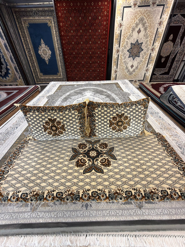 Ivory & Teal Lattice Afghan Toshak Cover Set