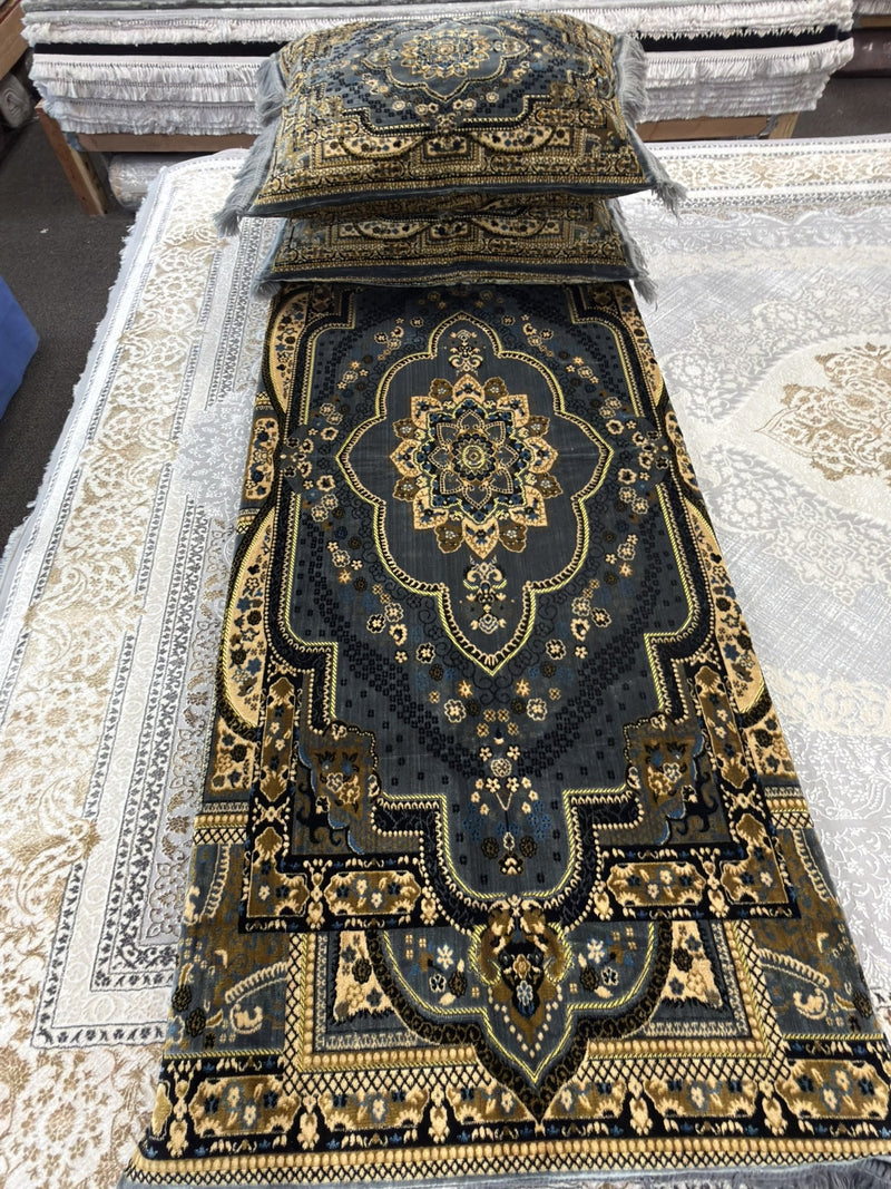 Dark teal and gold medallion Afghan toshak cover set — Stylish Rugs & Carpets, Sacramento