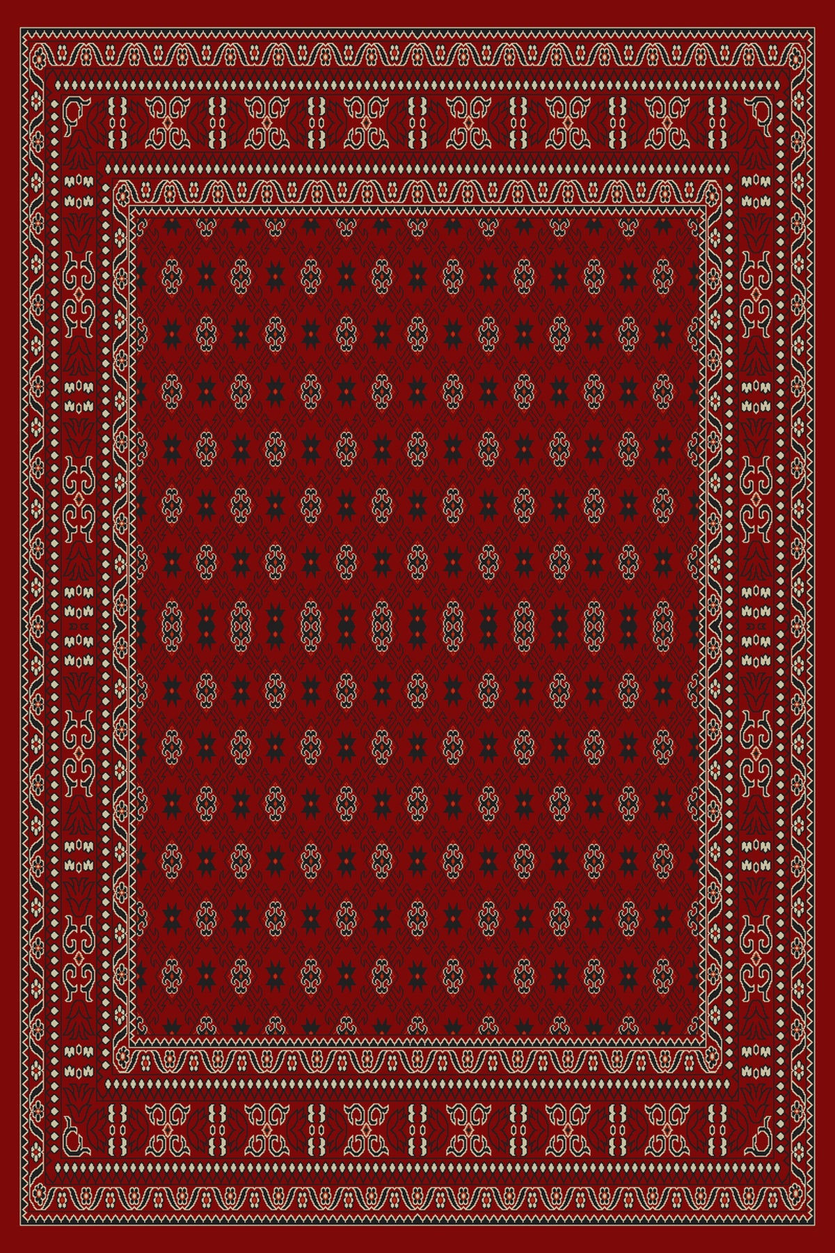 Red and ivory Turkmen all-over rug, design 00389A, wide ivory border — Stylish Rugs & Carpets, Sacramento