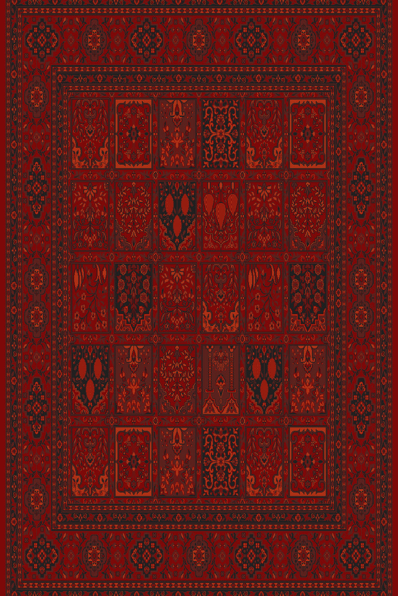 Red garden-panel Turkish rug, design 01736A, compartmented field — Stylish Rugs & Carpets, Sacramento