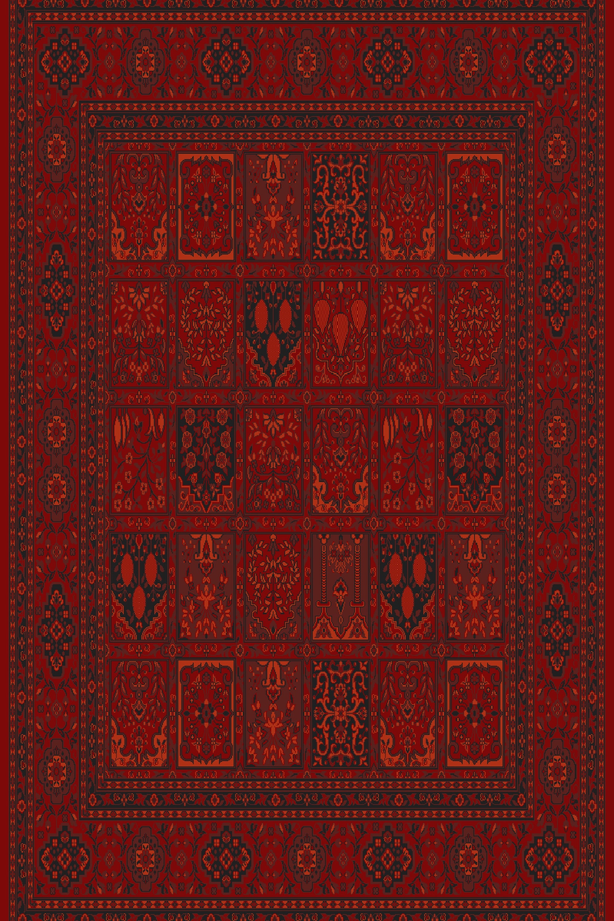 Red garden-panel Turkish rug, design 01736A, compartmented field — Stylish Rugs & Carpets, Sacramento