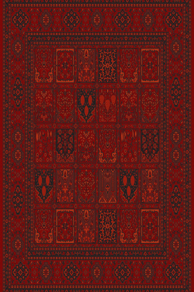 Red garden-panel Turkish rug, design 01736A, compartmented field — Stylish Rugs & Carpets, Sacramento