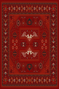 Red and terracotta tribal rug with stylised bird figures, design 02103D — Stylish Rugs & Carpets, Sacramento