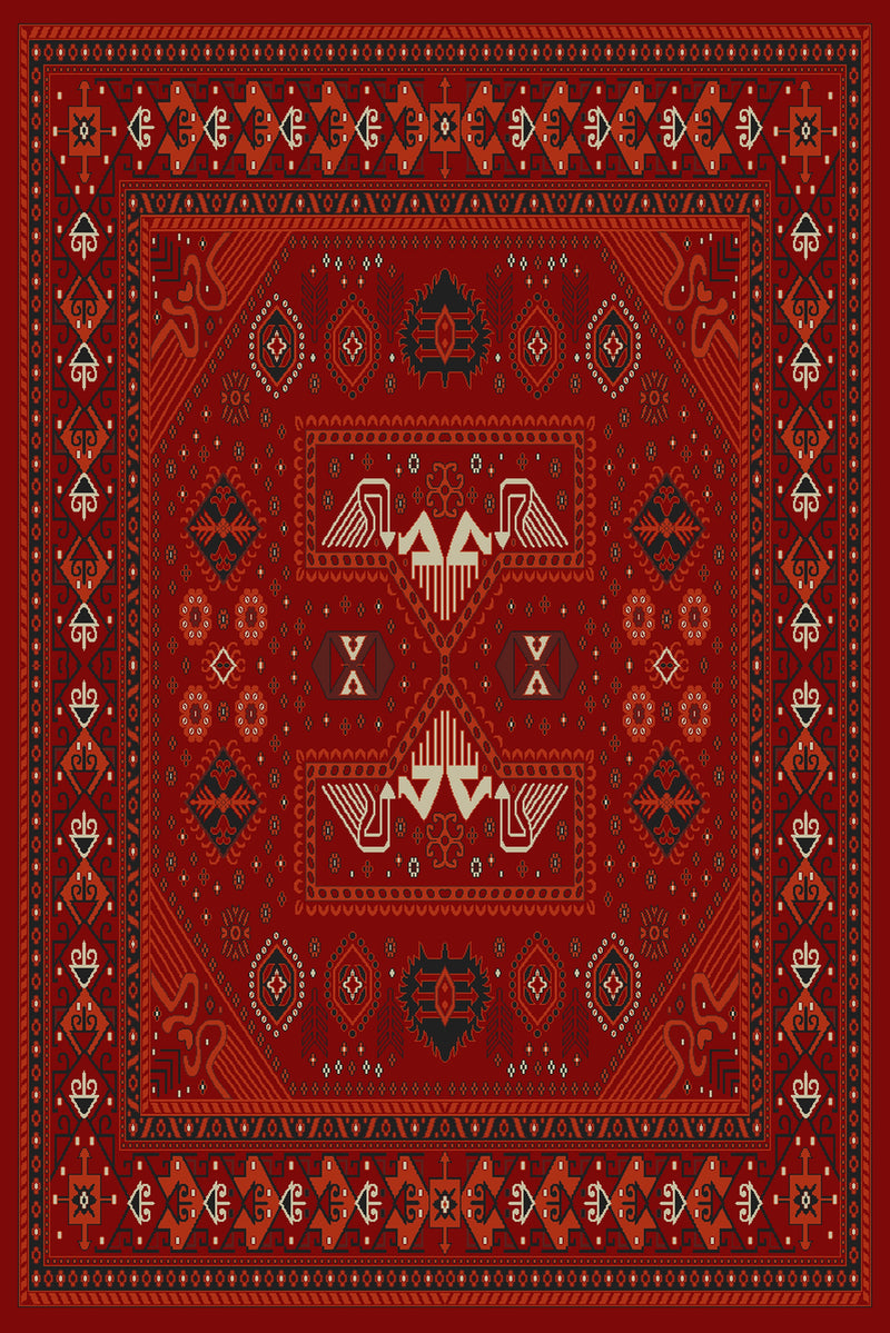 Red and terracotta tribal rug with stylised bird figures, design 02103D — Stylish Rugs & Carpets, Sacramento