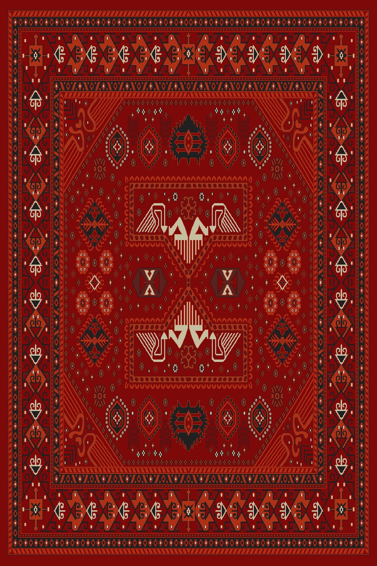 Red and terracotta tribal rug with stylised bird figures, design 02103D — Stylish Rugs & Carpets, Sacramento