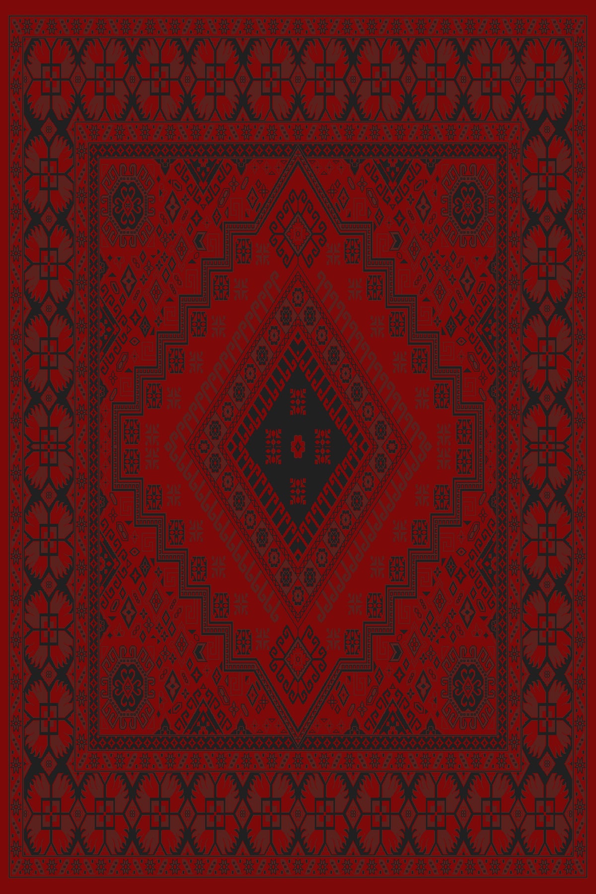 Red and black stepped diamond medallion Turkish rug, design 05365A — Stylish Rugs & Carpets, Sacramento