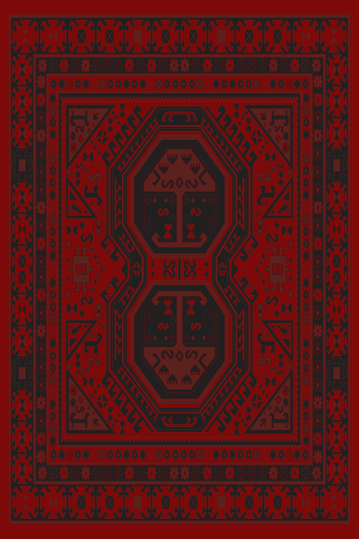 Red and black twin octagon medallion Turkish rug, design 05367A — Stylish Rugs & Carpets, Sacramento