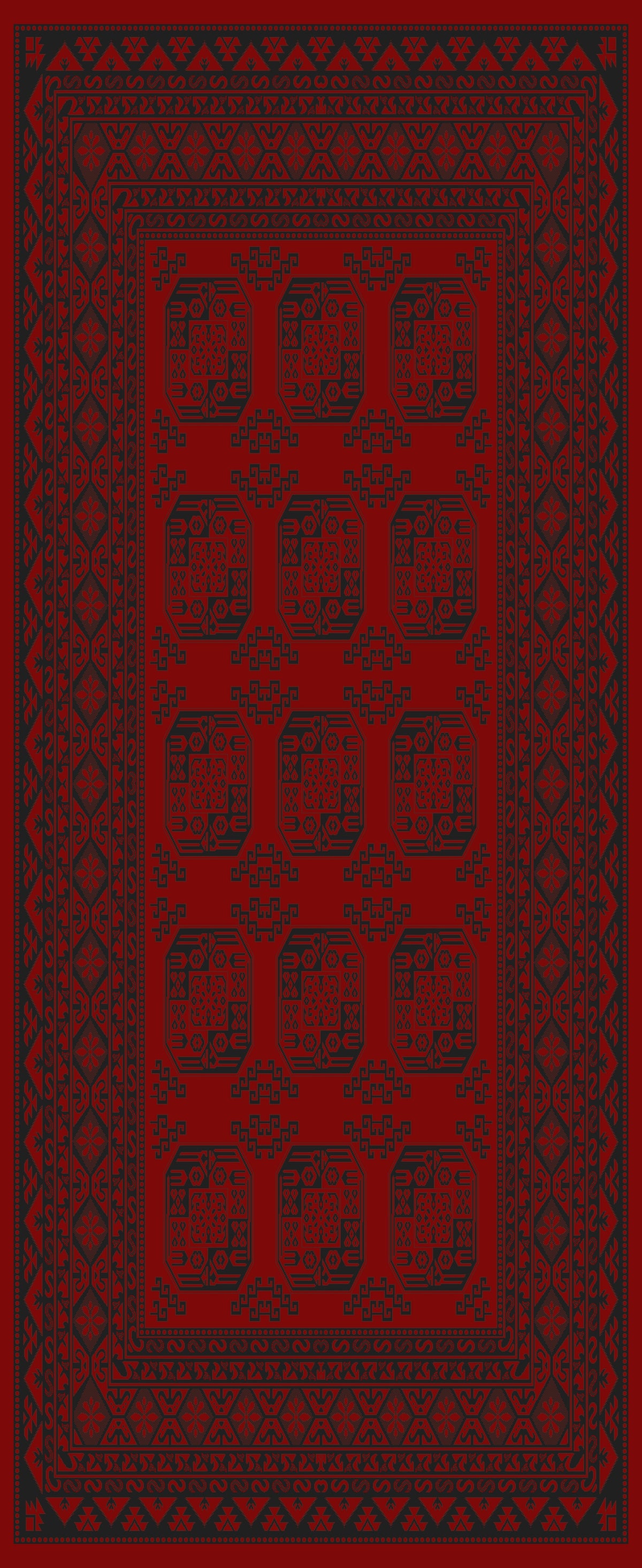 Turkmen Bokhara runner, design 05363A, red and black elephant-foot medallions with matching red fringe — Stylish Rugs & Carpets, Sacramento
