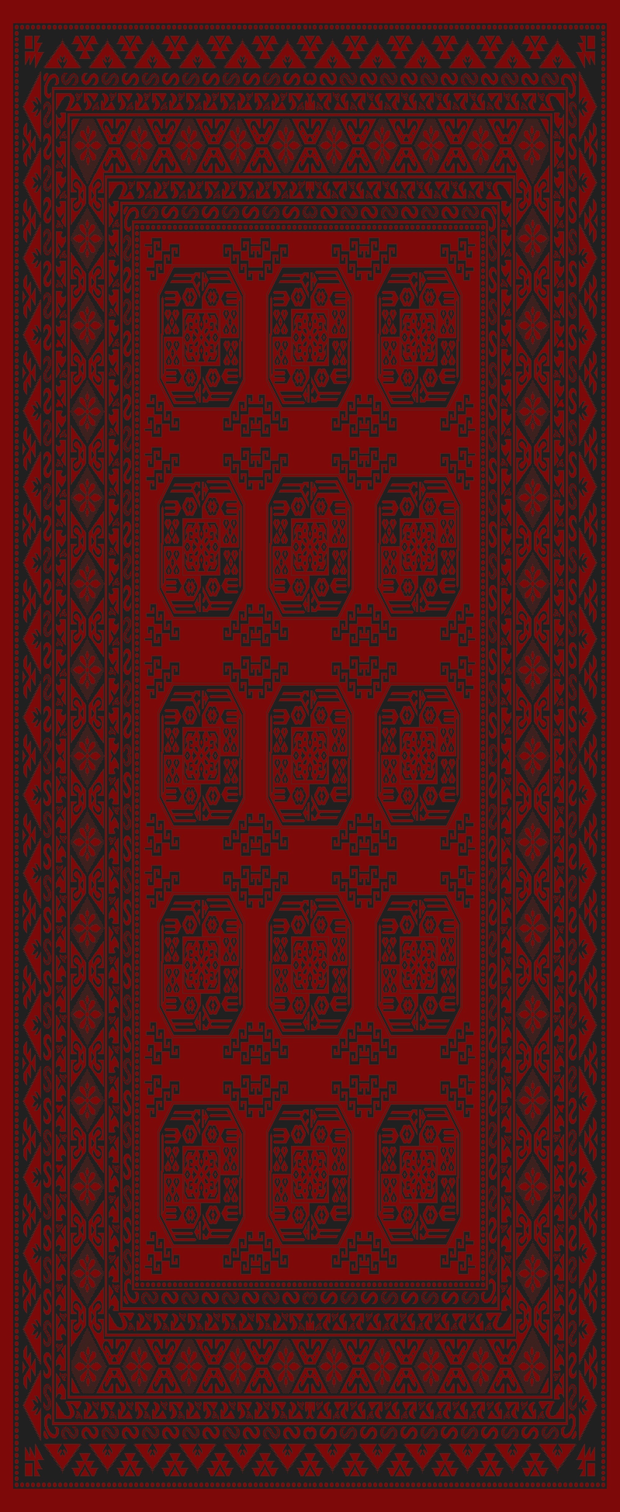Turkmen Bokhara runner, design 05363A, red and black elephant-foot medallions with matching red fringe — Stylish Rugs & Carpets, Sacramento